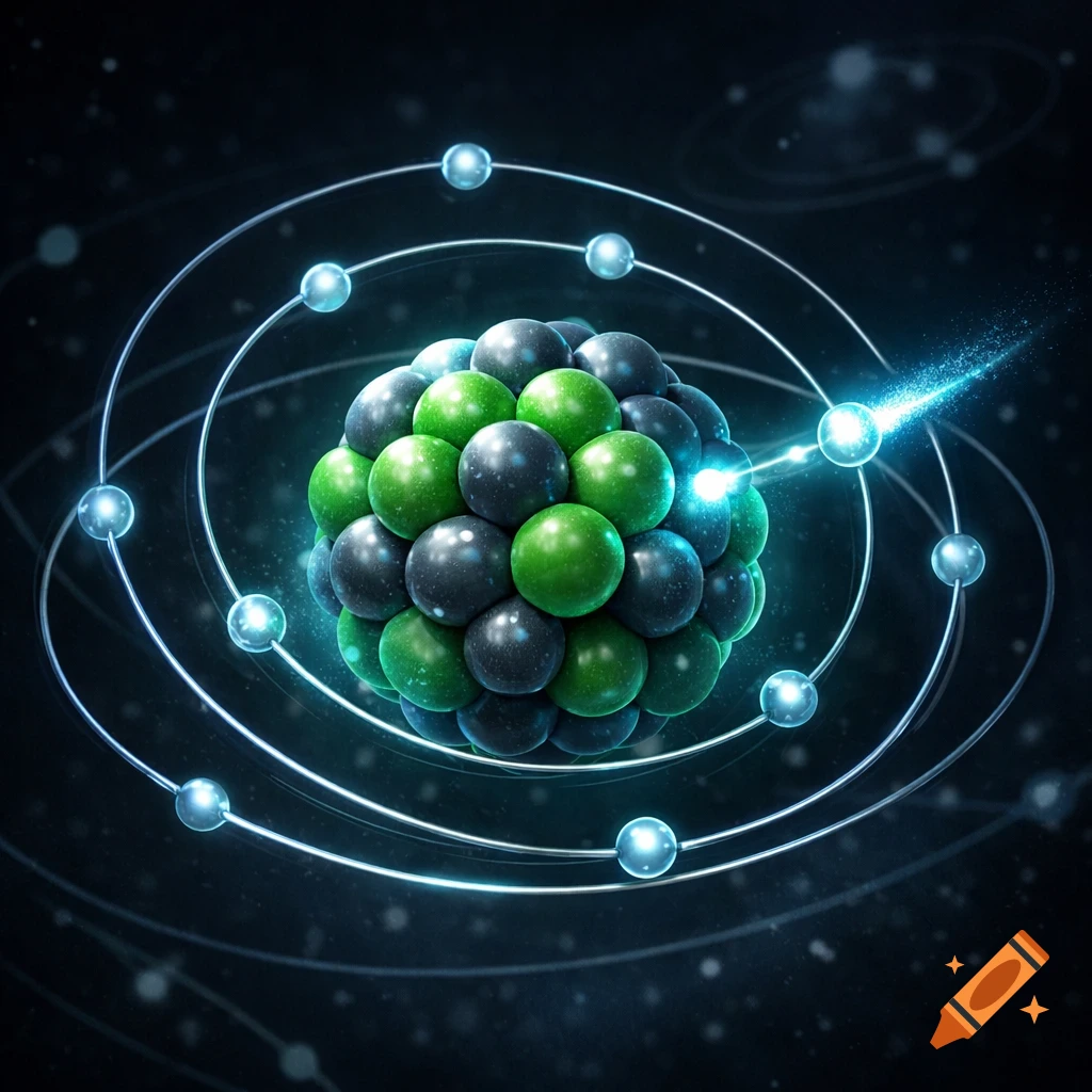 3D illustration of an atom with a nucleus of green and dark spheres, orbited by glowing blue electrons, one approaching.