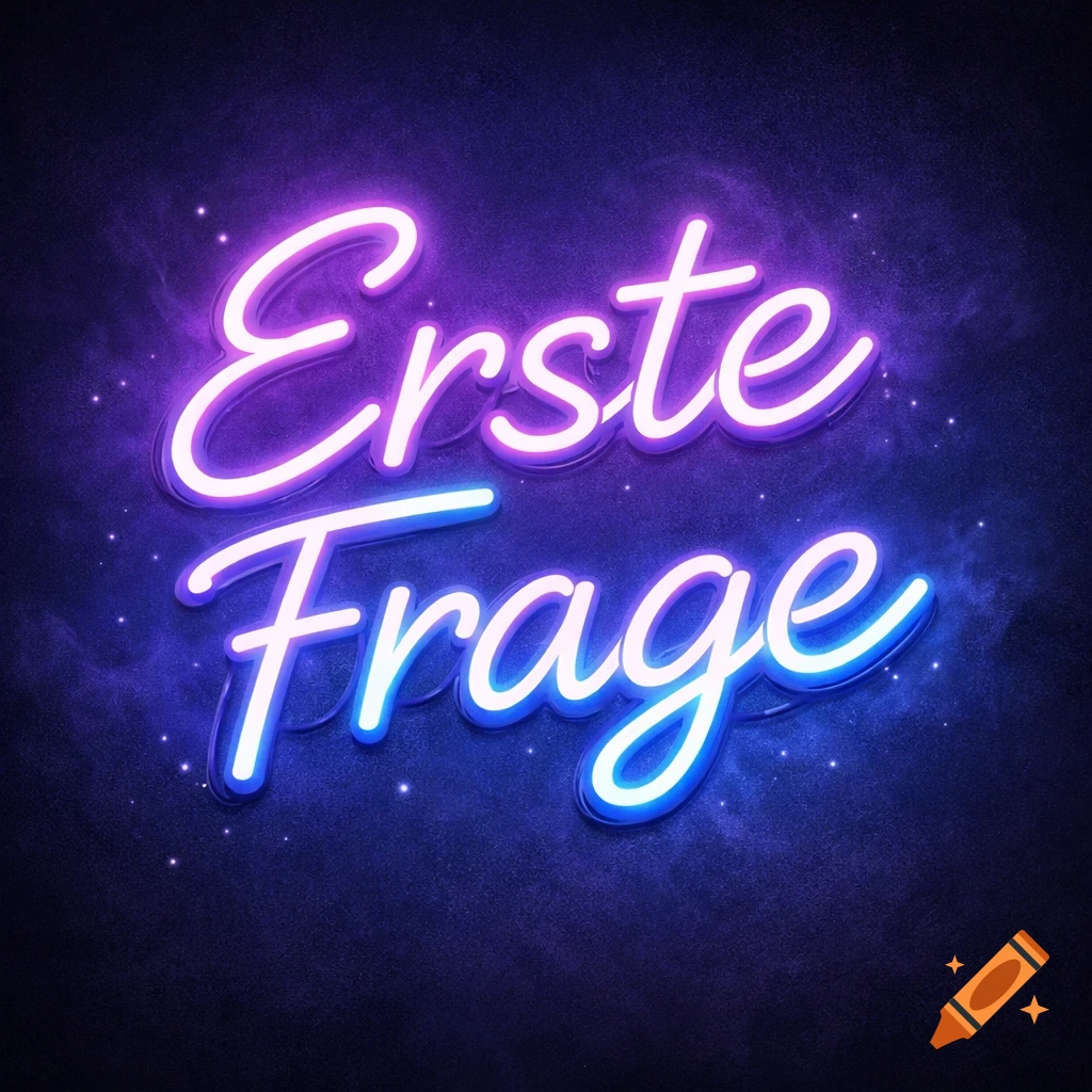 Neon sign displaying 'Erste Frage' (First Question) in glowing purple and blue script on a dark background with subtle sparkles.