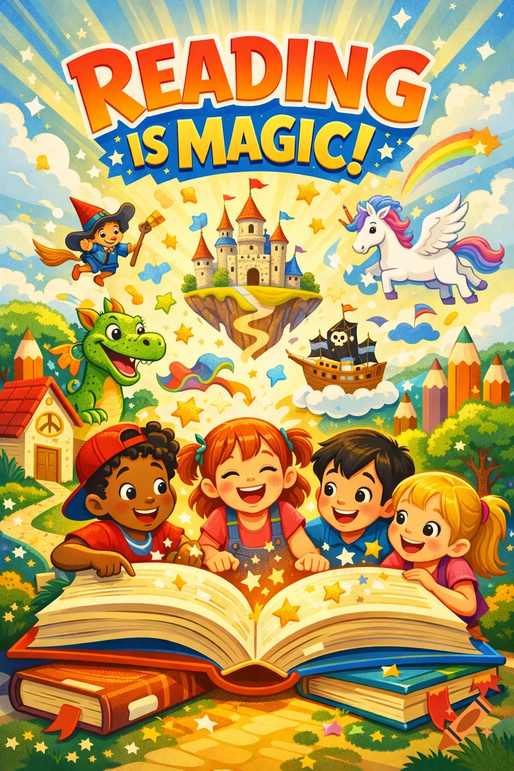 Vibrant cartoon illustration: children read a magical book, surrounded by a flying witch, dragon, unicorn, and a floating castle.