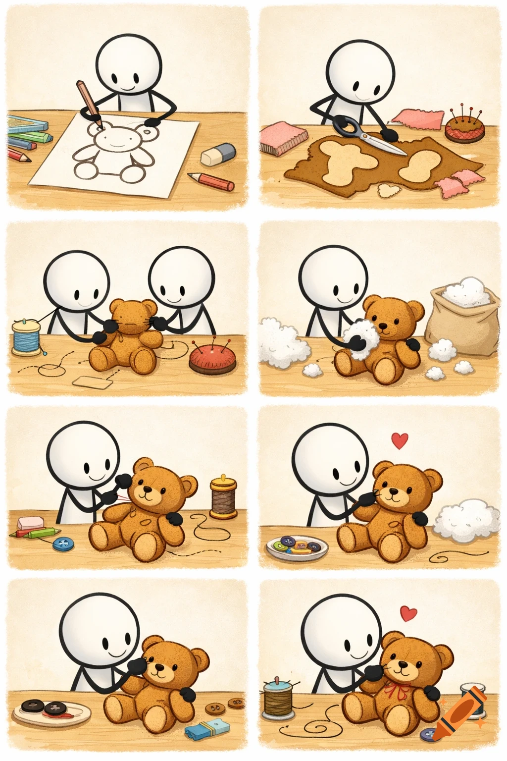 A cartoon comic strip shows a stick figure making a teddy bear through drawing, cutting, sewing, and stuffing.