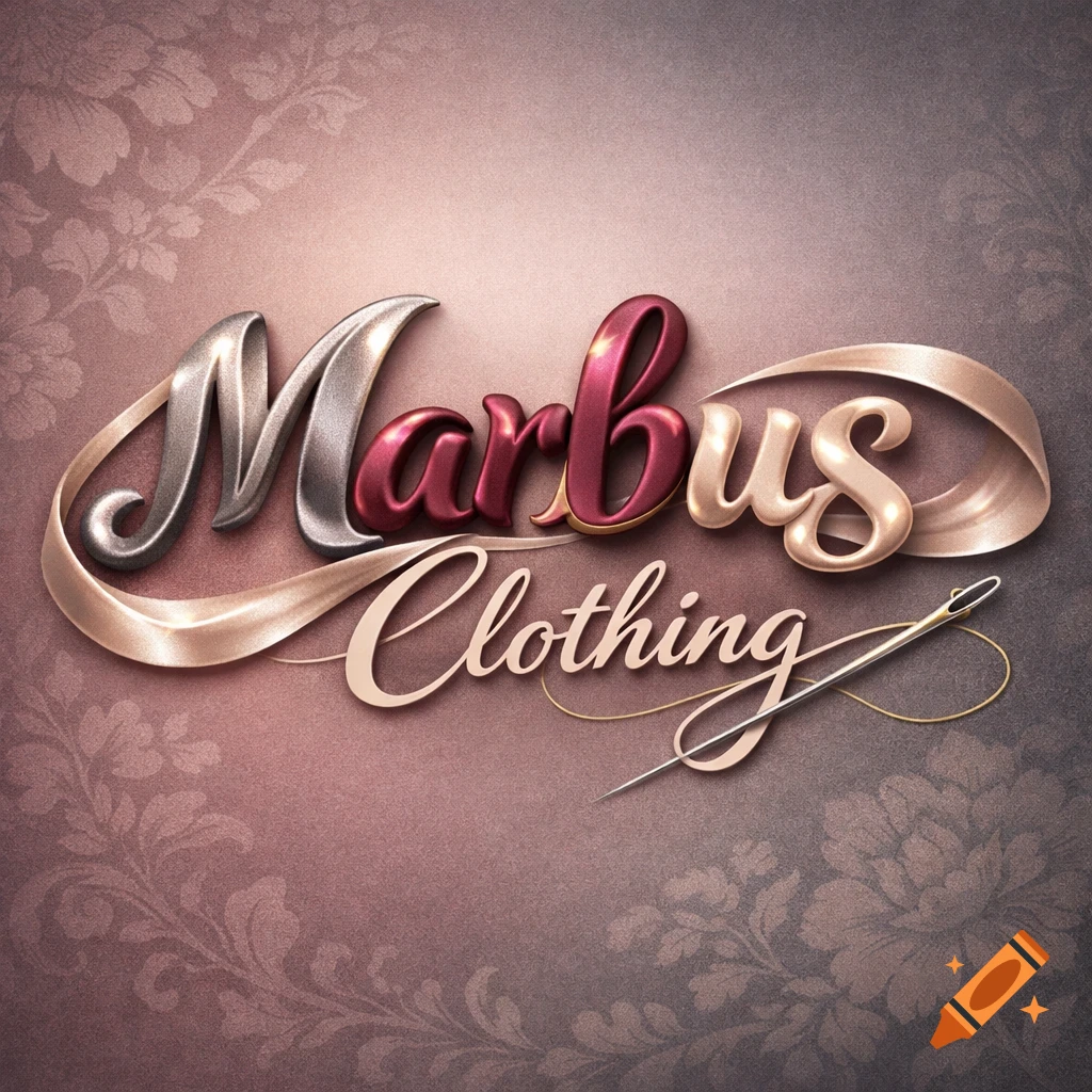 3D rendering of 'Marbus Clothing' in metallic silver and red, with ribbons and a sewing needle on a floral background.