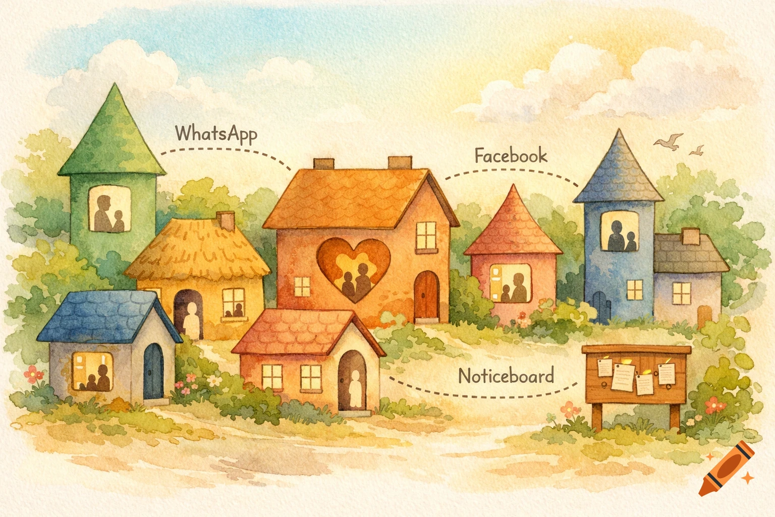 Watercolor illustration of a whimsical village with houses, silhouettes of people, and social media labels.