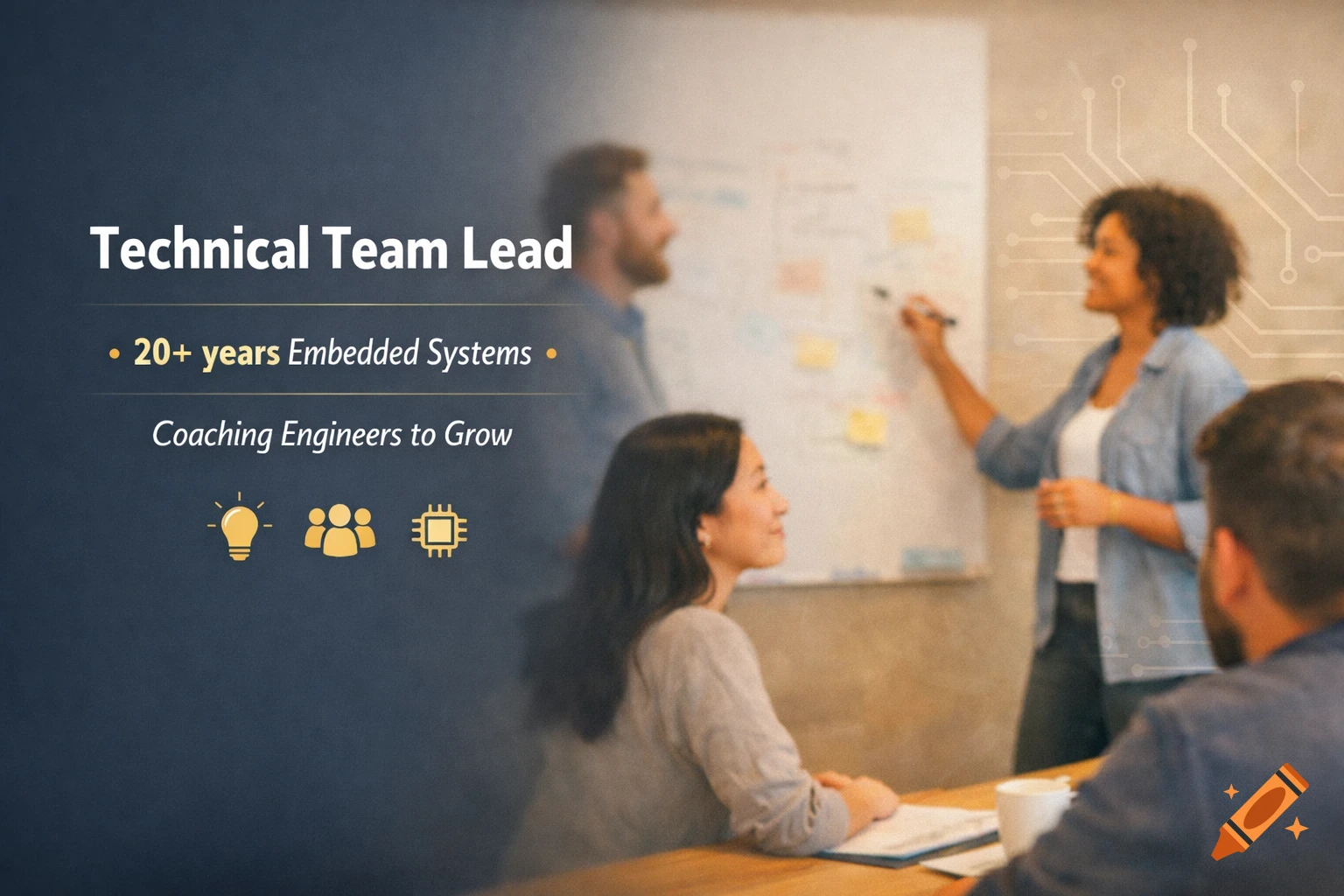 White text 'Technical Team Lead' and related job info on a dark overlay, with blurred professionals meeting and a whiteboard in the background.