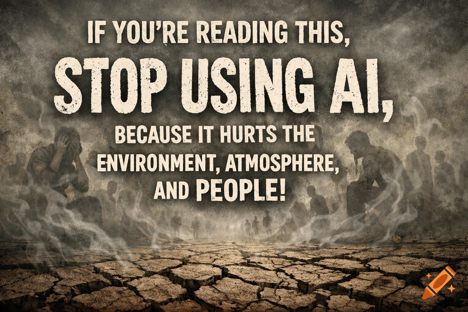 Dystopian banner with text 'IF YOU'RE READING THIS, STOP USING AI, BECAUSE IT HURTS THE ENVIRONMENT, ATMOSPHERE, AND PEOPLE!' over cracked earth and shadowy figures in smoke.