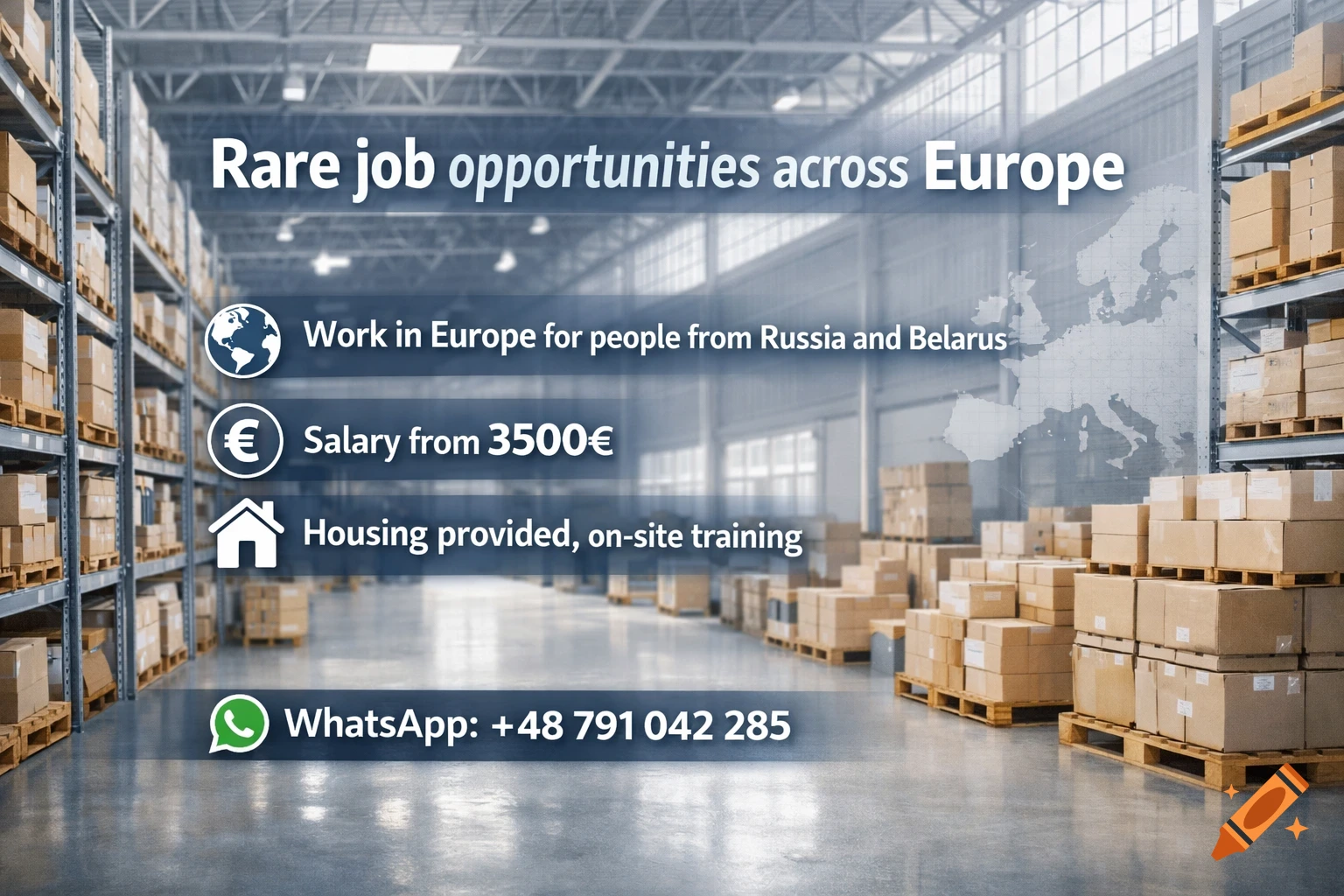 Job advertisement overlaying a photorealistic warehouse interior, offering job opportunities in Europe with salary and housing.