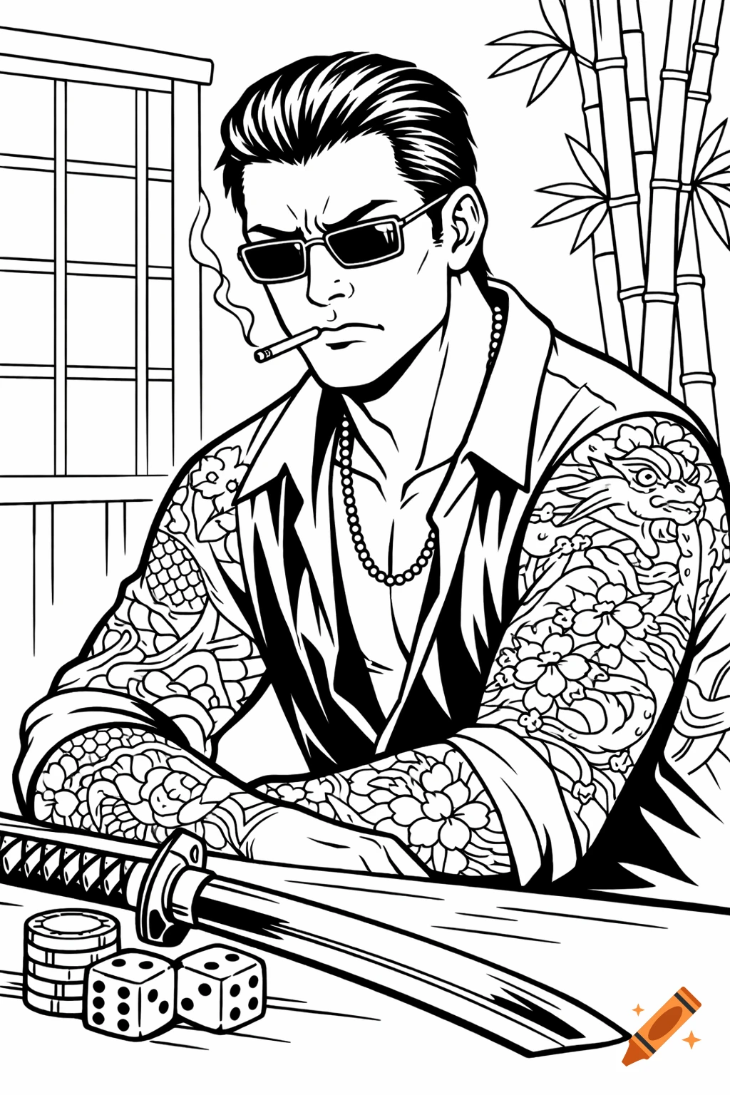 Black and white illustration of a man with tattoos, sunglasses, and a cigarette, sitting at a table with a katana and dice, with bamboo in the background.
