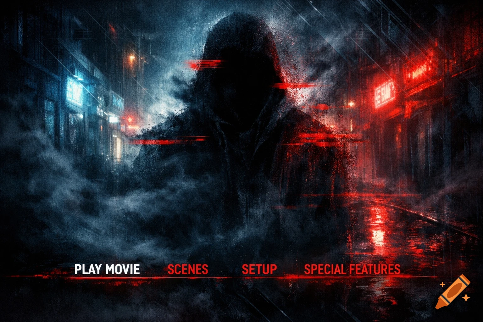 A dark, gritty DVD menu with a shadowy, hooded figure, neon-lit city street, and options like 'PLAY MOVIE', 'SCENES', 'SETUP', 'SPECIAL FEATURES'.