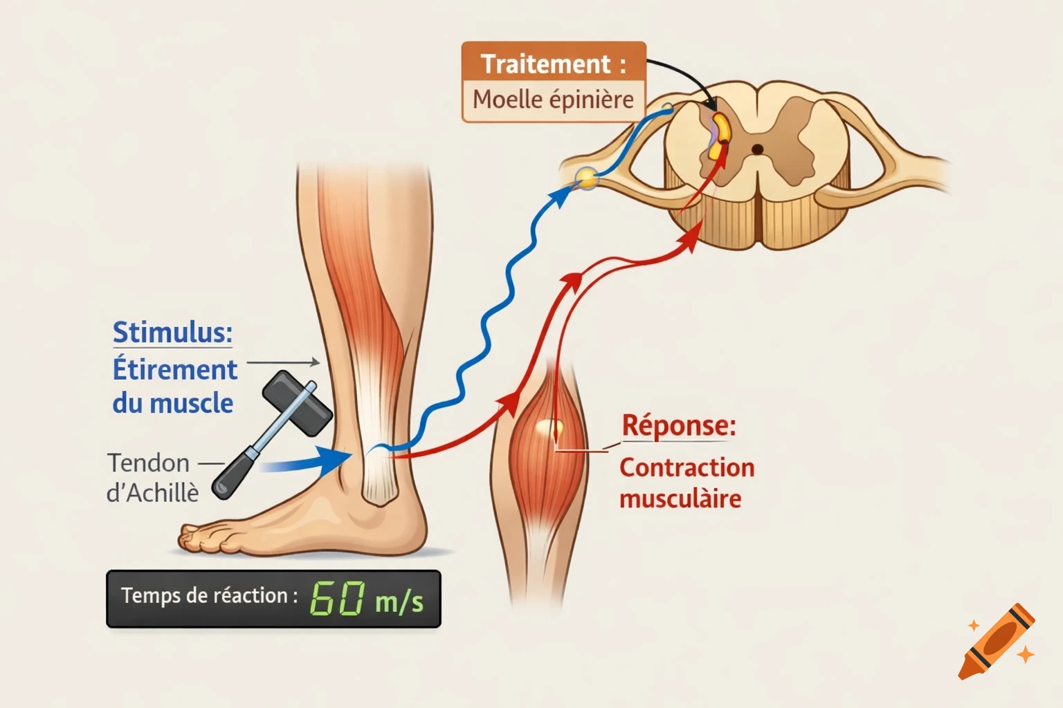 Anatomy diagram of the Achilles reflex, showing stimulus (tendon tap, muscle stretch), nerve pathway to spinal cord, and muscle contraction response with a 60m/s reaction time.