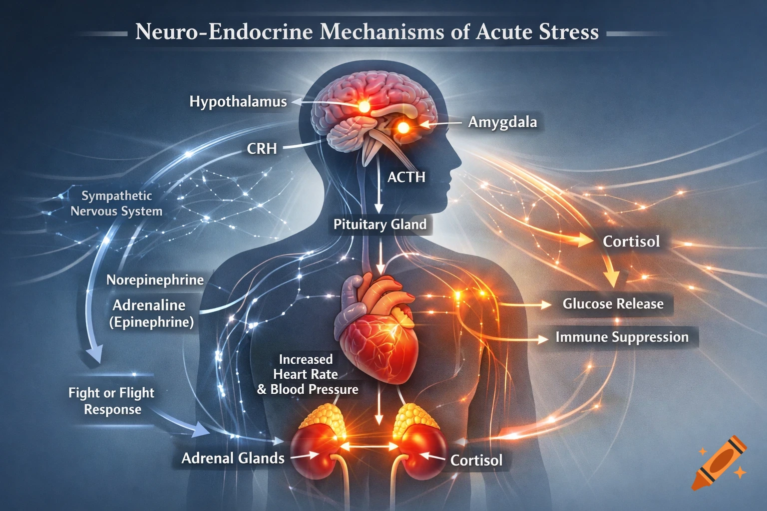 A detailed scientific diagram illustrating neuro-endocrine mechanisms of acute stress in a human body, labeling organs and hormones.