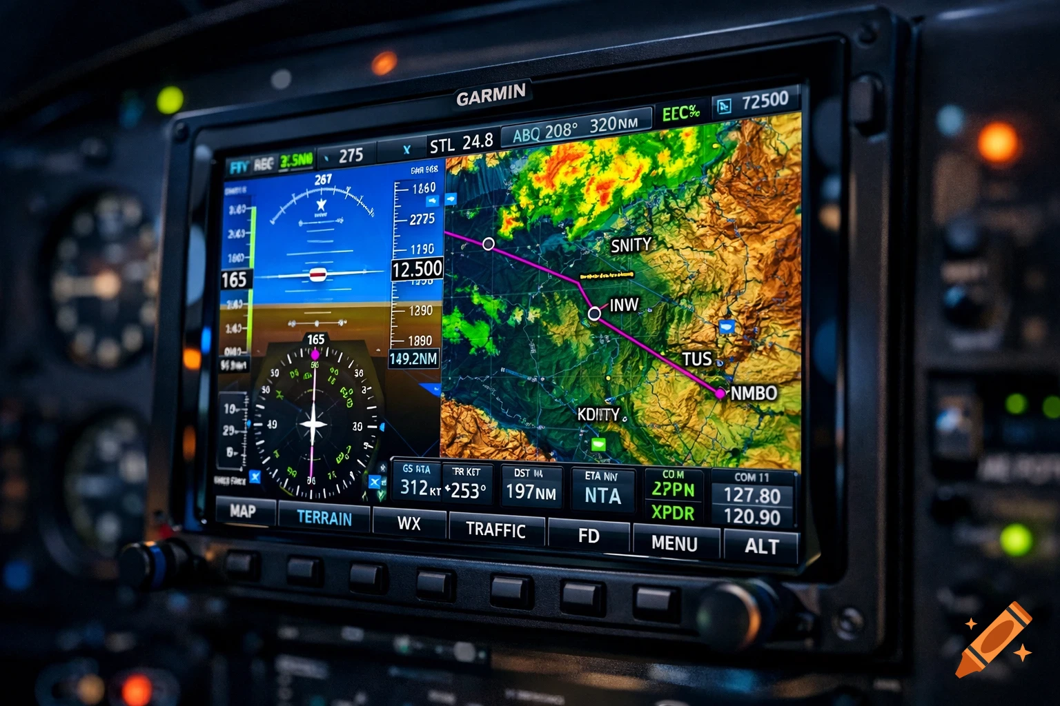 A close-up, photorealistic view of a modern Garmin aviation multifunction display in an airplane cockpit, showing a detailed terrain map, flight data, and controls.