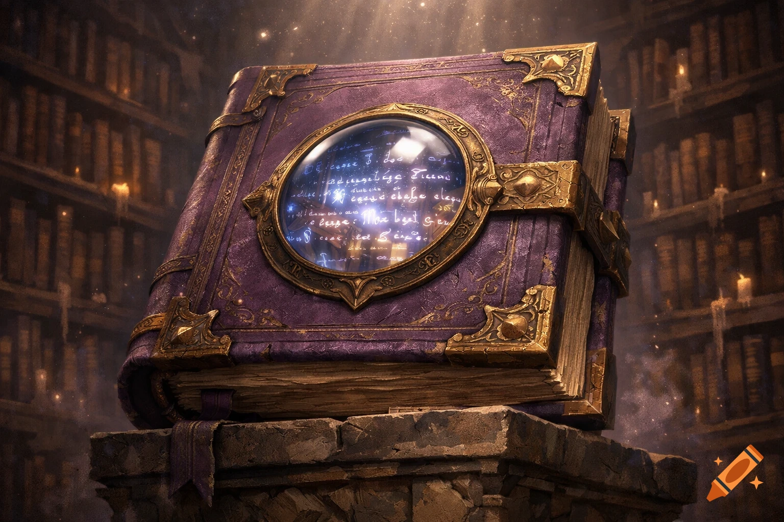 A detailed, ornate, thick purple spellbook with golden trim sits on a stone podium in an enchanted library. A glowing lens on the cover reveals illegible magic writing inside.