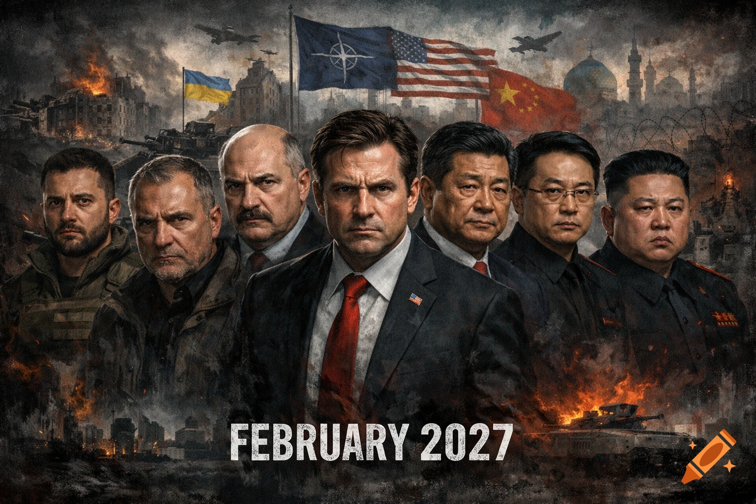 A dramatic, stylized illustration depicting several world leaders, including figures resembling Volodymyr Zelenskyy and Kim Jong Un, set against a backdrop of war-torn cities, burning structures, military vehicles, and national flags. The text "FEBRUARY 2027" is at the bottom.