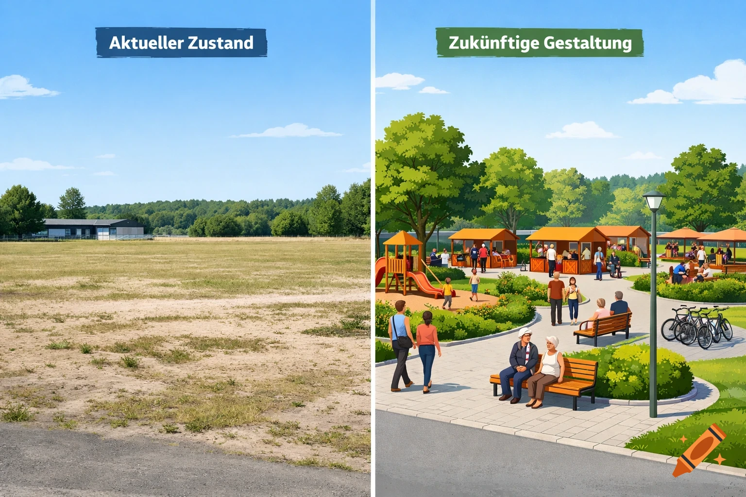 Split view illustration: left, a barren field; right, a lively community park with people, playground, and market stalls.