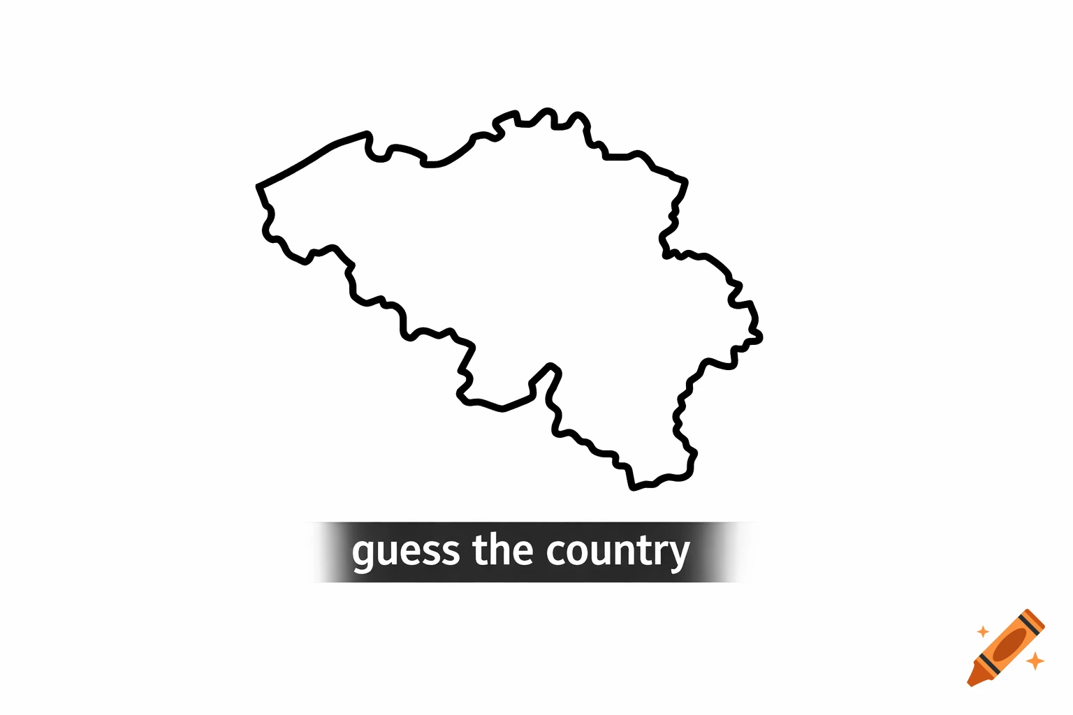 Black outline map of Belgium with 'guess the country' text below it on a white background.