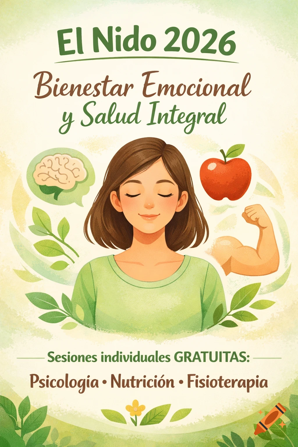 A serene woman in a modern illustration with symbols of a brain, apple, and flexed arm, advertising the 'El Nido 2026' wellness program.