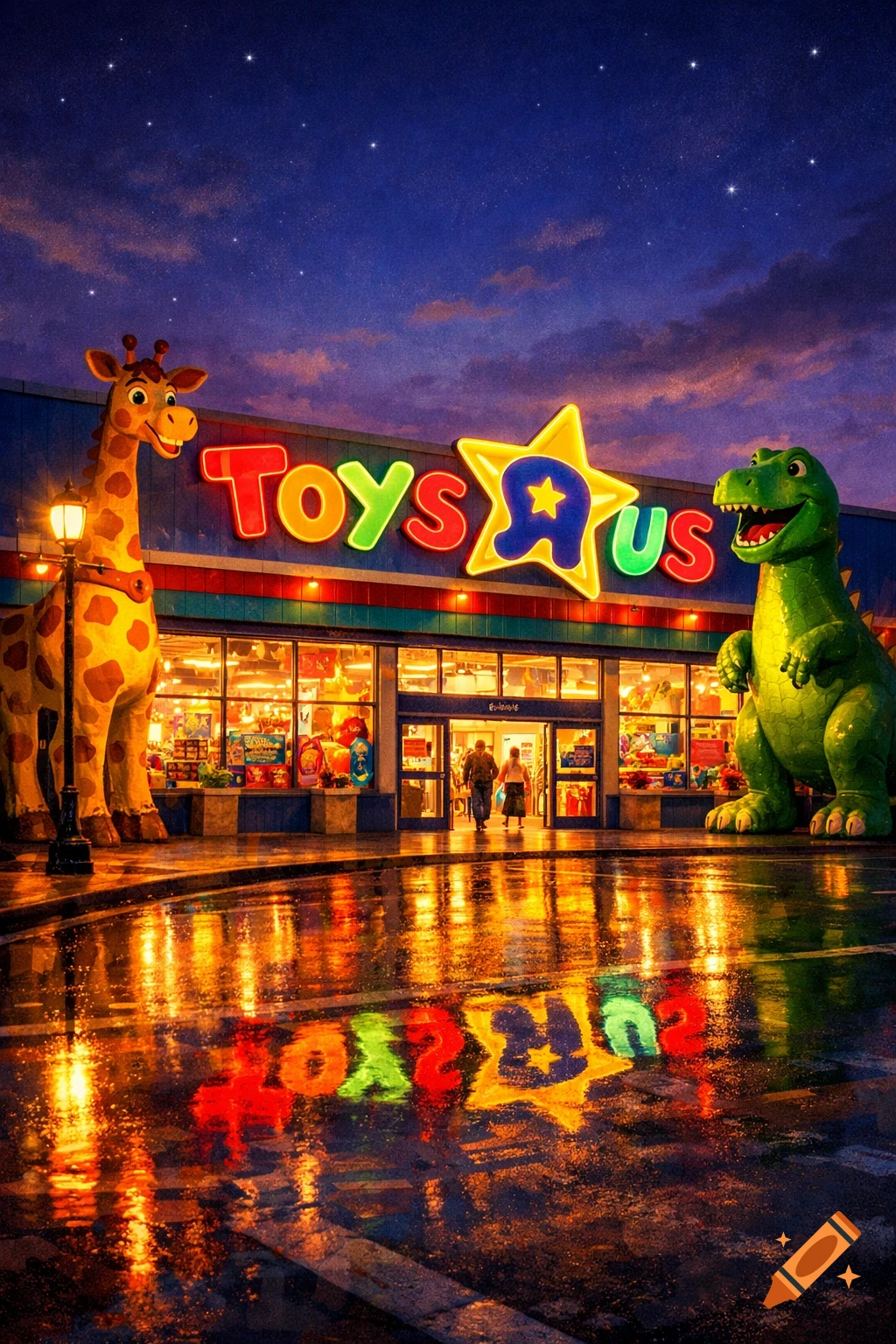 A vibrant night scene of a Toys R Us store with large giraffe and ...