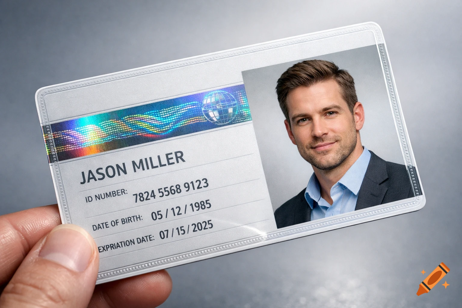Close-up of a hand holding a photorealistic ID card for Jason Miller with his photo, ID number, and dates.