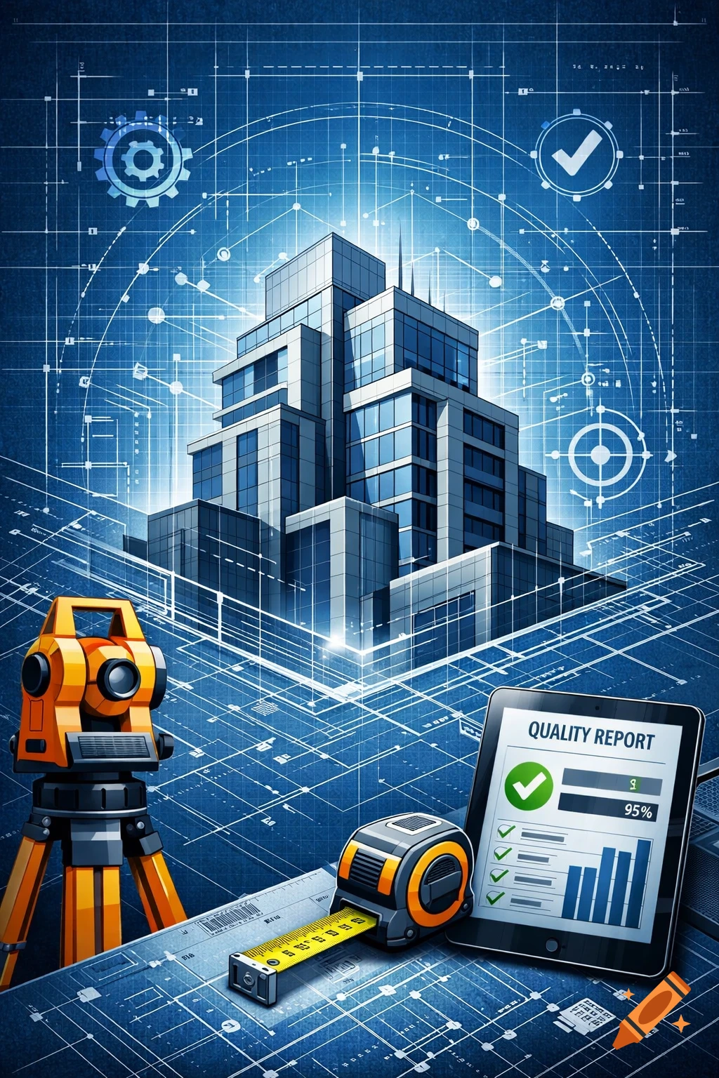 Modern building, construction tools, and a tablet with a quality report on a blue blueprint background.