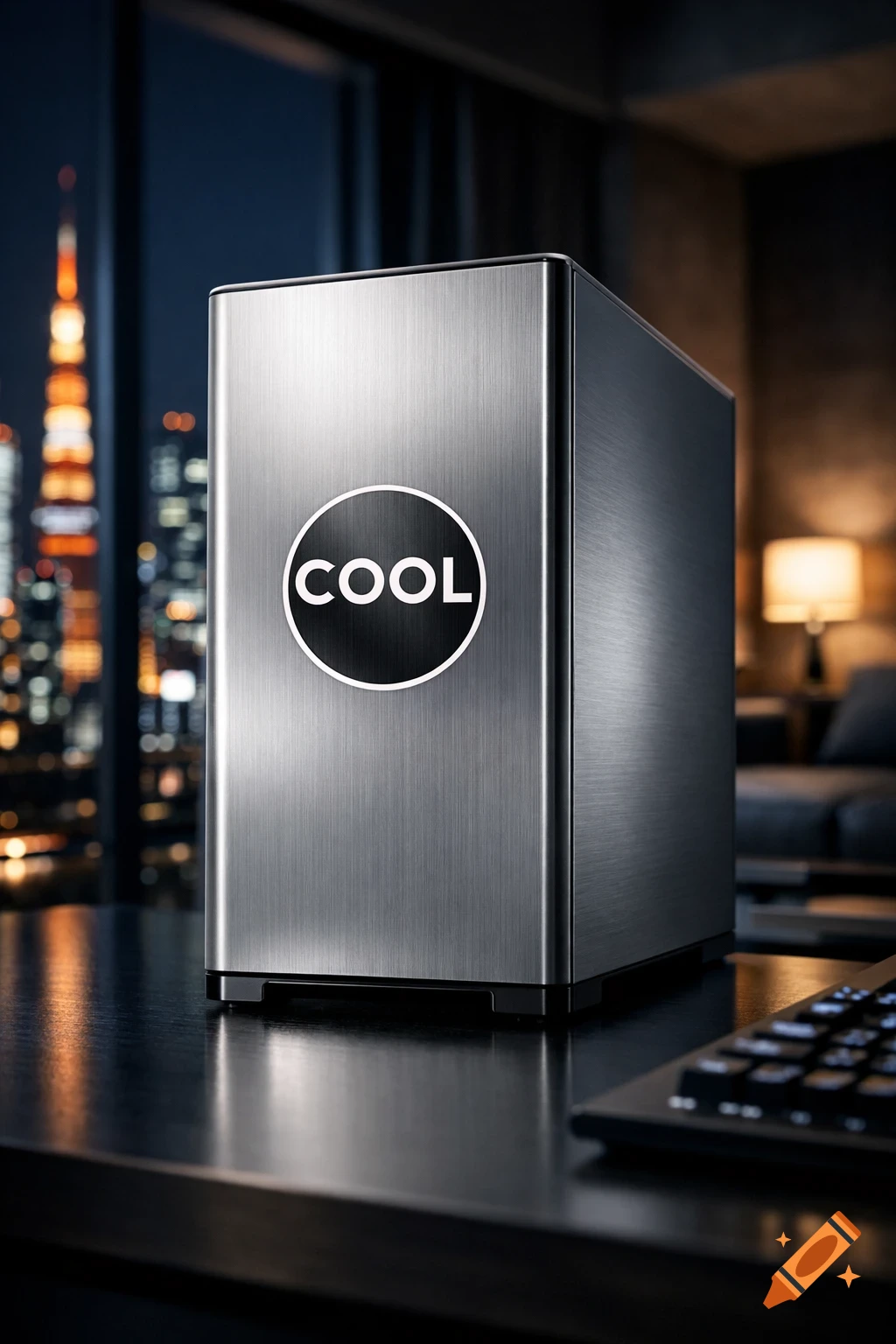 A high-end minimalist desktop PC tower with a 'COOL' logo on its brushed silver aluminum case, in a stylish Tokyo apartment at night.
