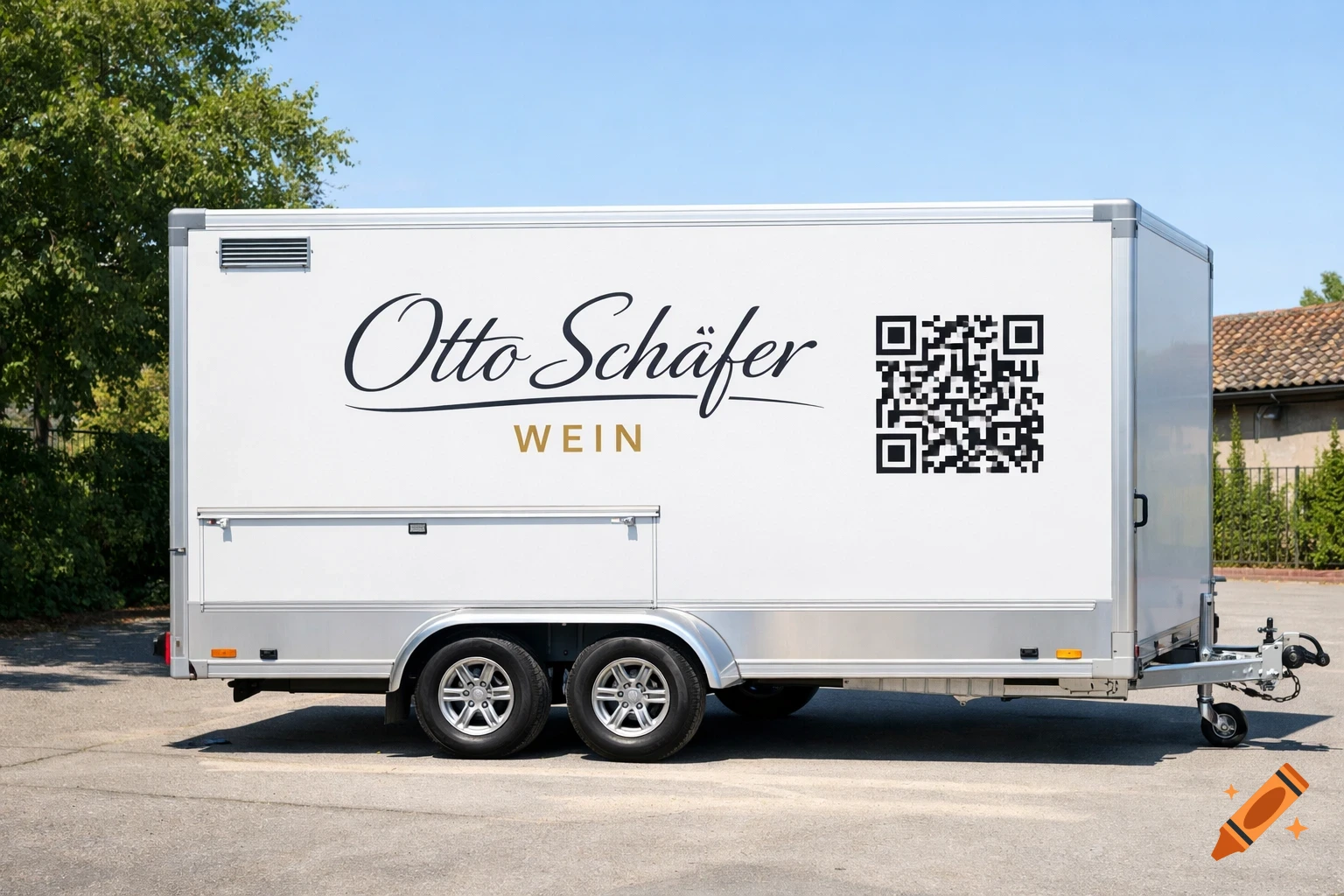 Photorealistic image of a white trailer wagon with 'Otto Sch fer WEIN' logo and a QR code on its side, parked outdoors.