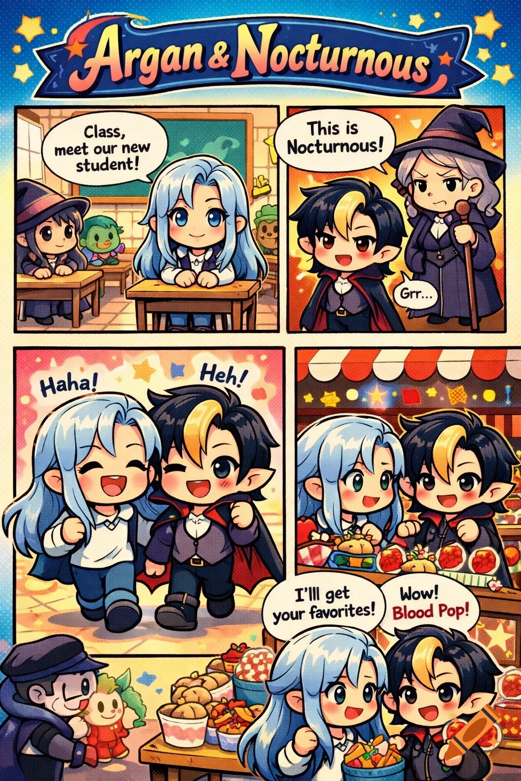 A colorful chibi-style comic strip showing Argan, a blue-haired student, and Nocturnous, a black-haired vampire student, becoming friends. Scenes include a classroom, walking together, and buying snacks.