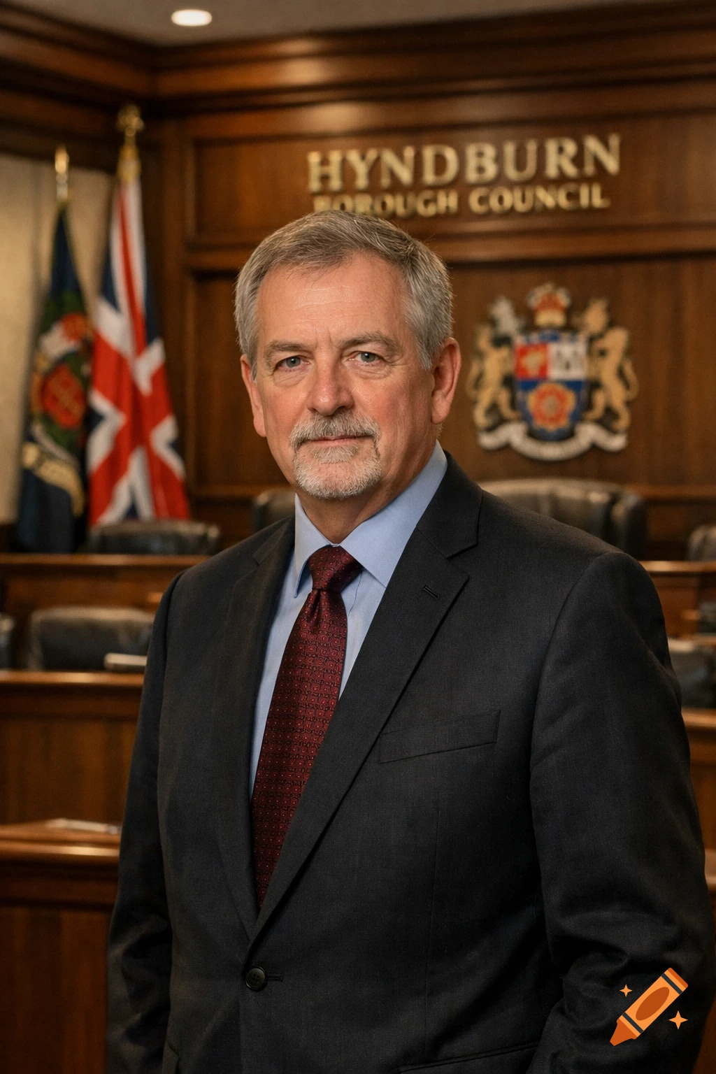 A distinguished man with a goatee in a suit and tie stands in a wood-paneled council chamber with flags, a crest, and 'HYNDBURN BOROUGH COUNCIL' text.