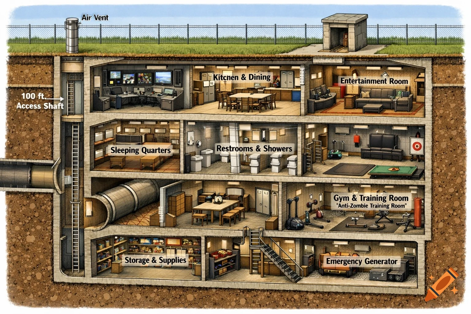 Detailed cutaway illustration of a multi-level underground survival bunker with labeled rooms like a kitchen, sleeping quarters, gym, and emergency generator.