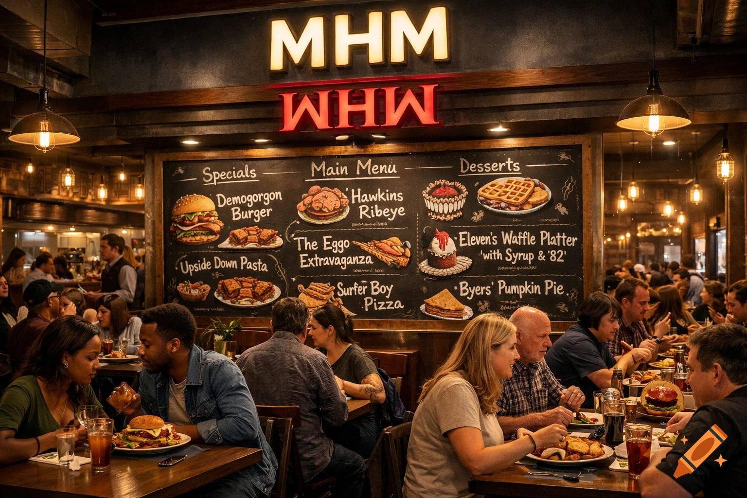 A busy, dim-lit restaurant with patrons eating at tables and a large chalkboard menu featuring Stranger Things-themed dishes like "Demogorgon Burger" and "Eleven's Waffle Platter".