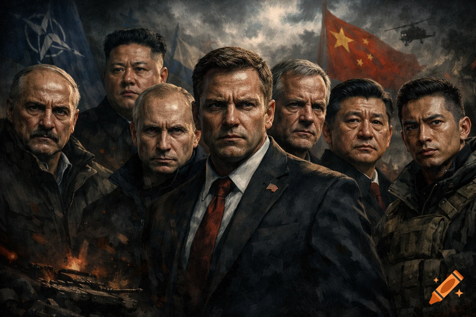 A dramatic, stylized portrait of serious-faced male leaders from various nations, set against a dark, stormy background with the NATO and Chinese flags, a helicopter, and burning tanks.