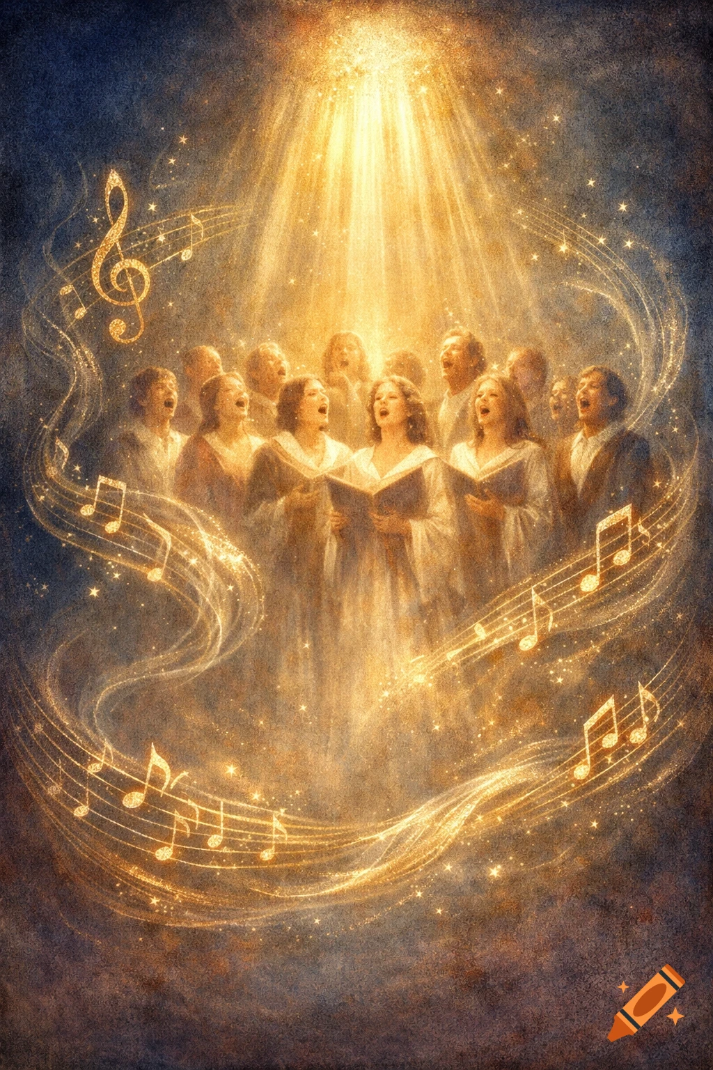 An ethereal painting of a choir singing under a beam of golden light, surrounded by swirling musical notes and stars.