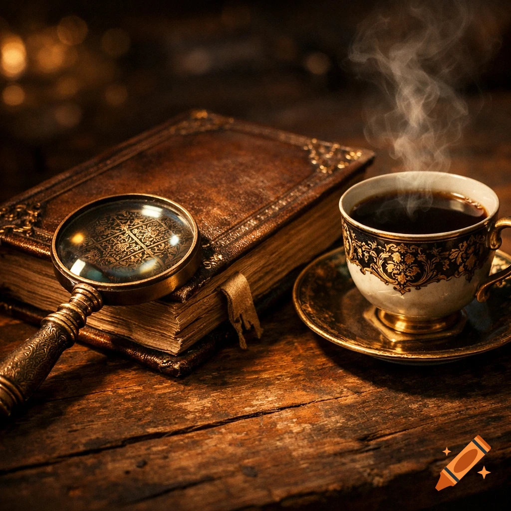 Close-up of a vintage book and ornate magnifying glass on a wooden table, with a steaming cup of coffee nearby, in a dark, atmospheric style.