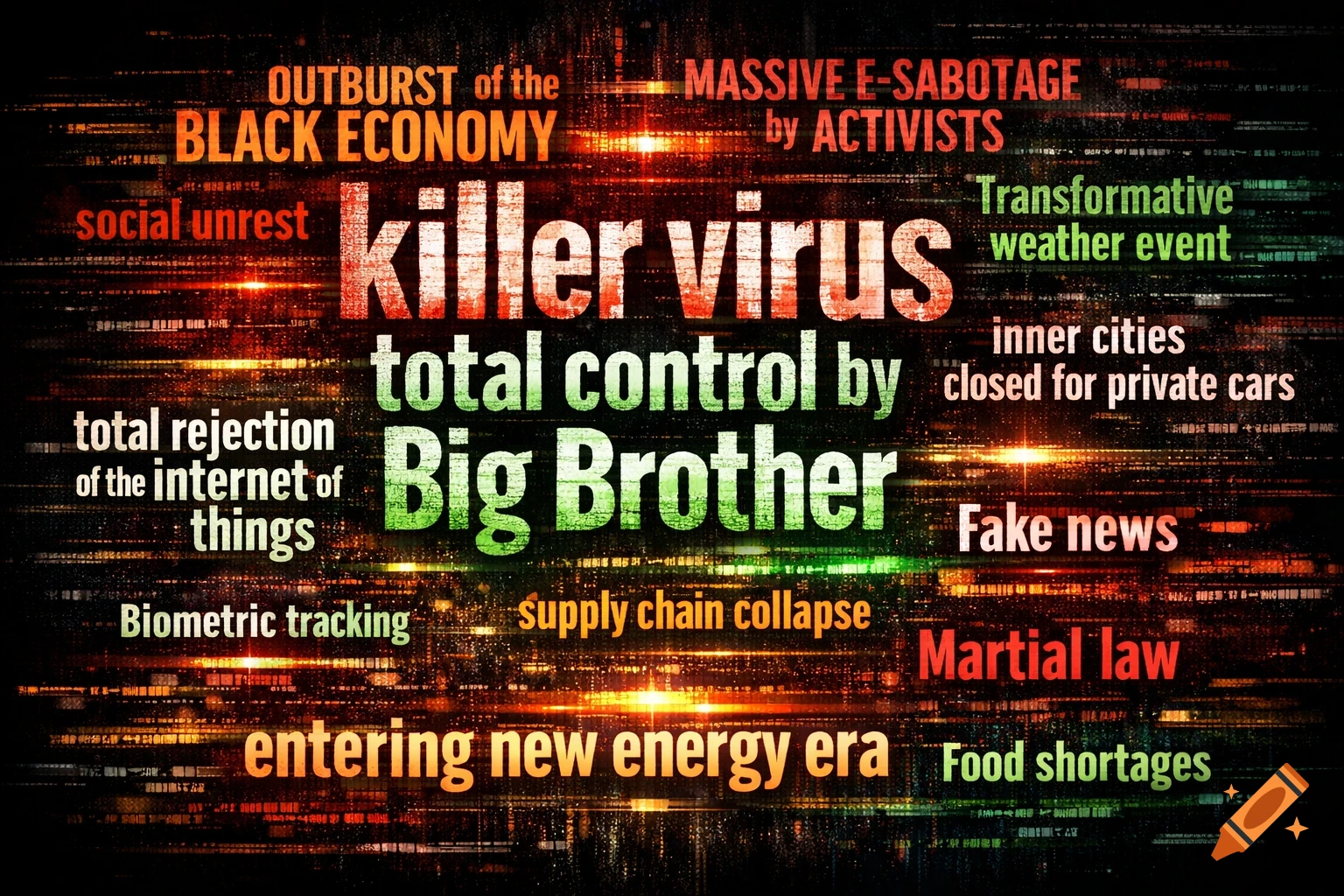 A dark, digital-style word cloud featuring phrases like 'killer virus', 'total control by Big Brother', 'Martial law', and 'Fake news' in glowing red, green, and orange text against a background of abstract data streams.