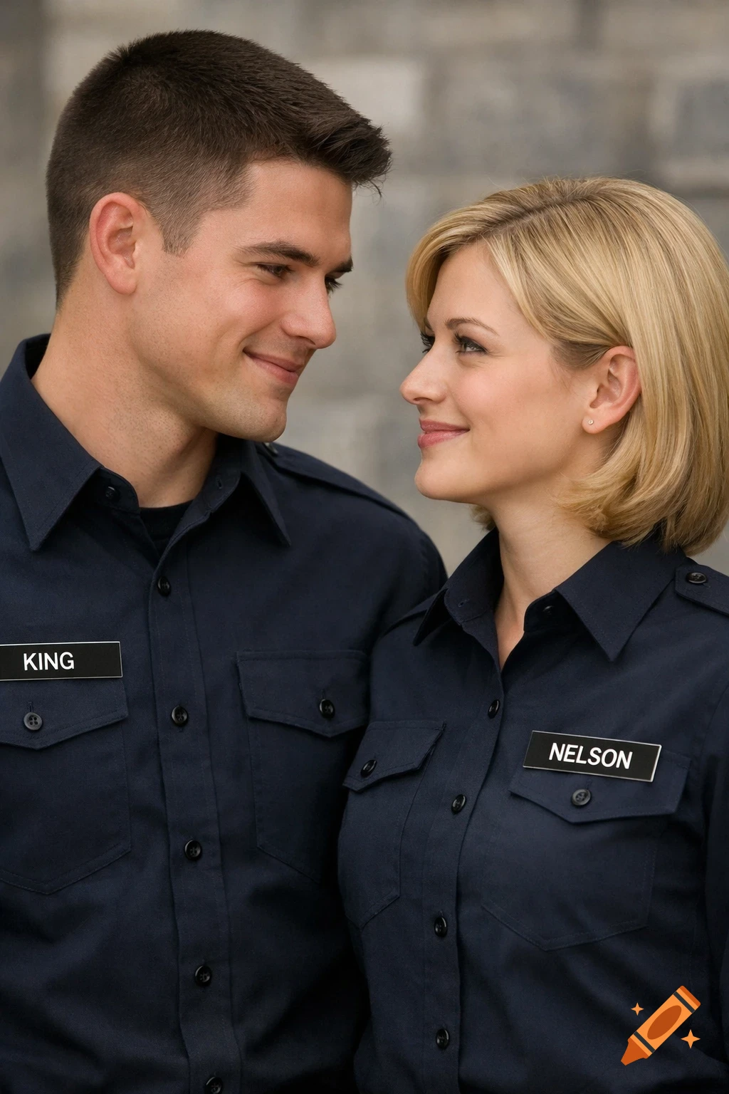 A male and female cadet in dark blue uniforms with name tags 'KING' and 'NELSON' smile affectionately at each other in a photorealistic style.