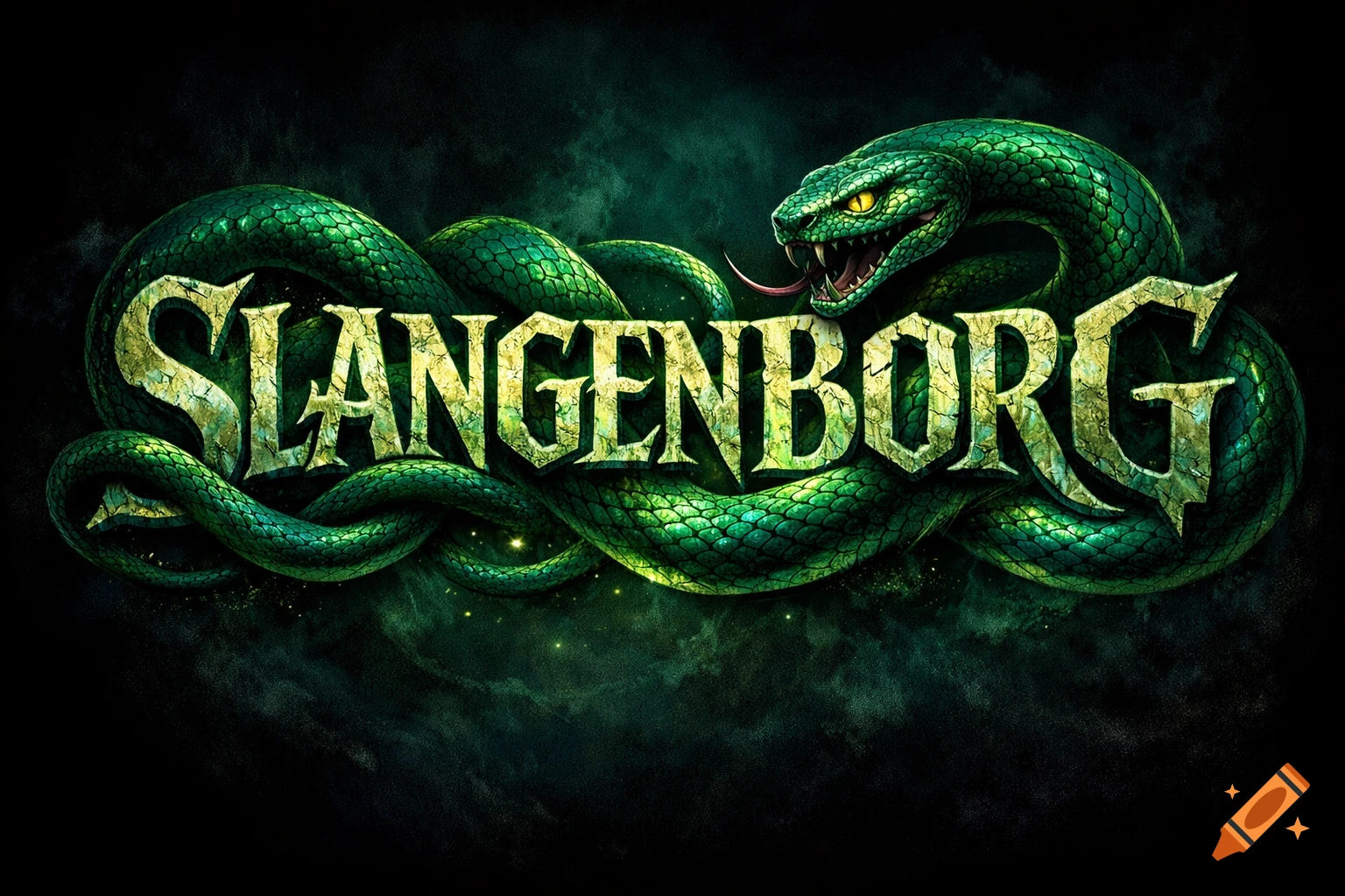 A detailed green snake with yellow eyes wraps around the stylized, cracked gold text 'SLANGENBORG' against a dark, smoky background.