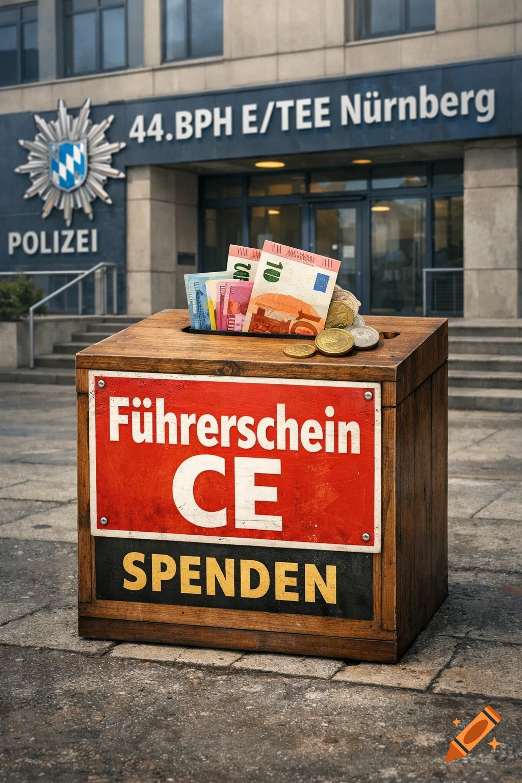 A wooden donation box with Euro money in front of a police station displaying 'Führerschein CE' and 'SPENDEN'.