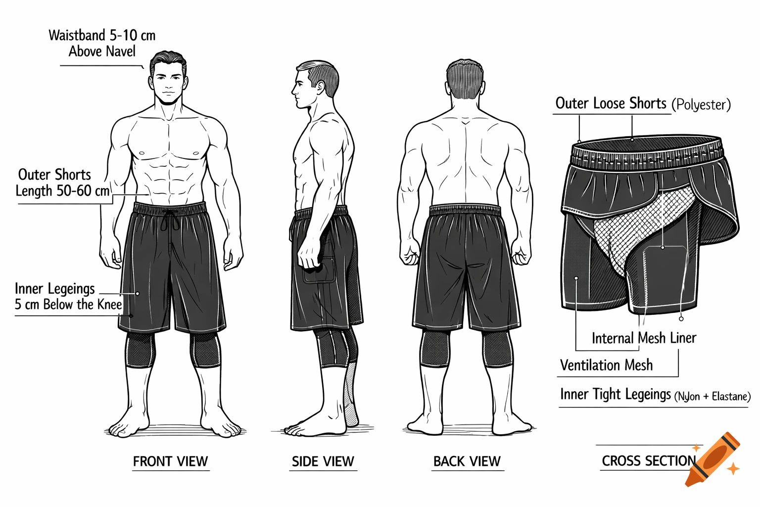 Technical illustration of men's swimming and sports shorts, showing front, side, back, and cross-section views with detailed annotations.