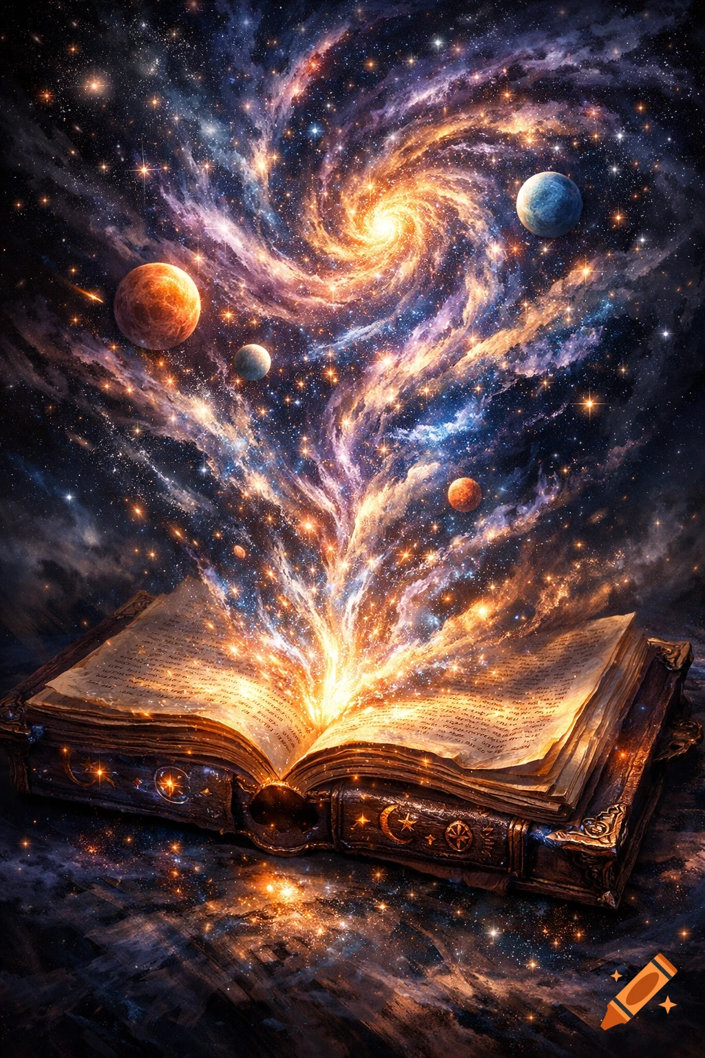An ornate open book emits glowing magical light, stars, swirling galaxies, and planets into a dark, starry cosmos.