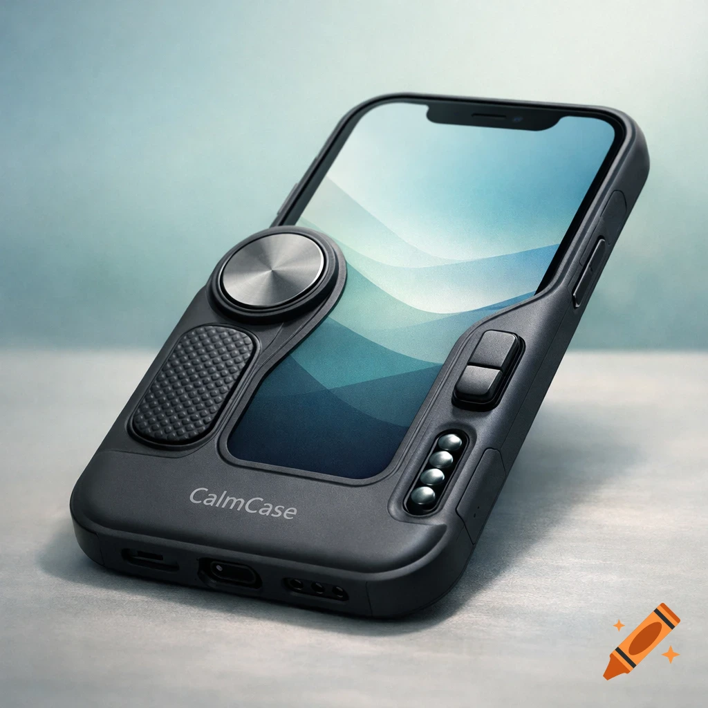 A sleek dark grey smartphone with a 'CalmCase' case featuring a metal spinner and textured fidget elements, shown on a light surface.