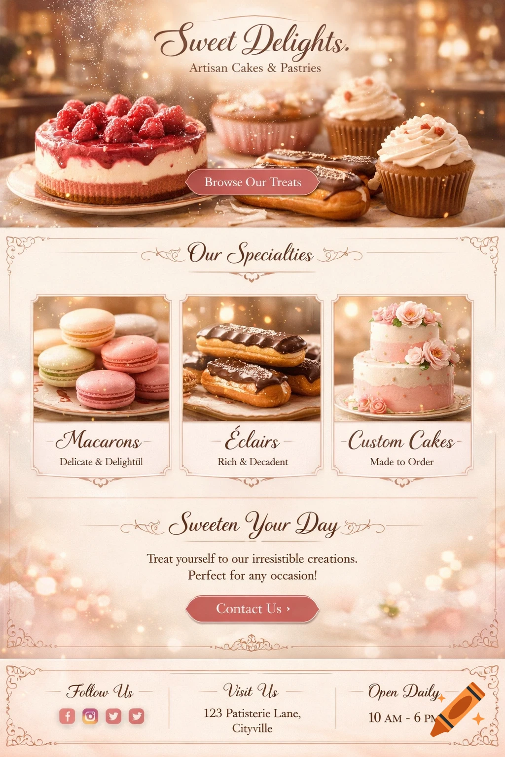 A one-page website layout for 'Sweet Delights' bakery, featuring various pastries like a raspberry cheesecake, macarons, eclairs, and a tiered custom cake. The design is elegant with a warm, inviting atmosphere.