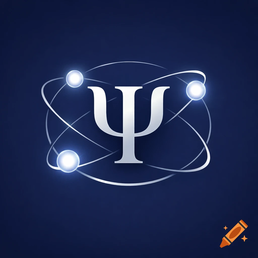 A glowing silver Greek letter Psi symbol, orbited by three bright spheres on swirling lines, against a dark blue background in a clean logo style.