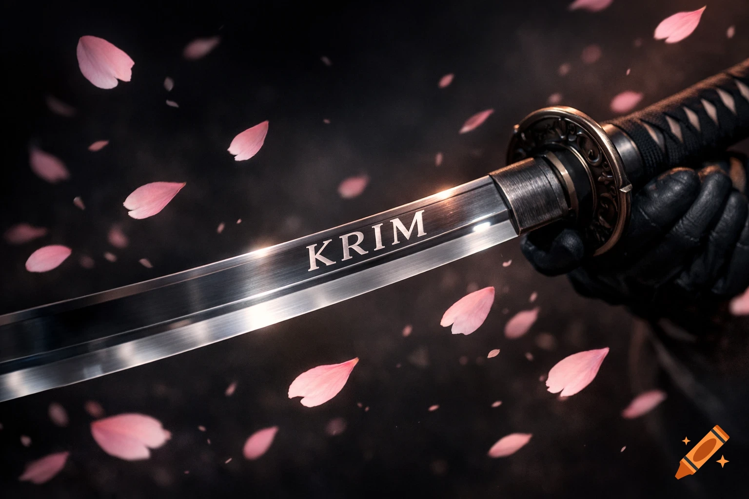 A black-gloved hand holds a katana with 'KRIM' engraved on the blade, surrounded by falling pink cherry blossom petals. Photorealistic.