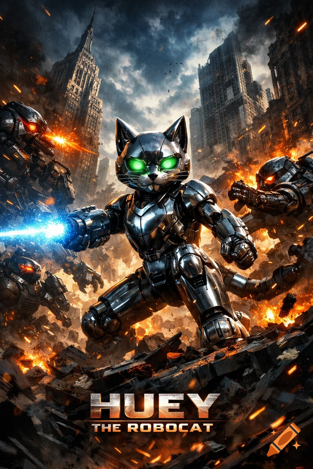 A metallic robot cat with glowing green eyes fights other robots in a war-torn city, with explosions and 'Huey the Robocat' title.