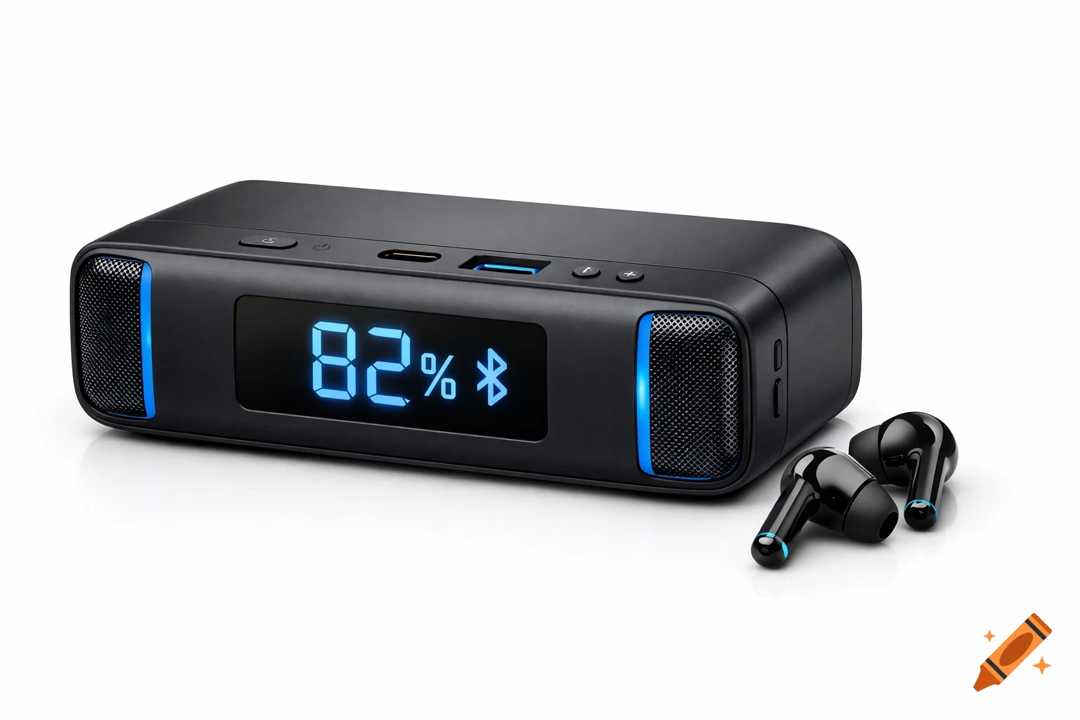 Black rectangular portable speaker with blue LED display showing 82% and a Bluetooth symbol, next to black wireless earbuds, on a white background.