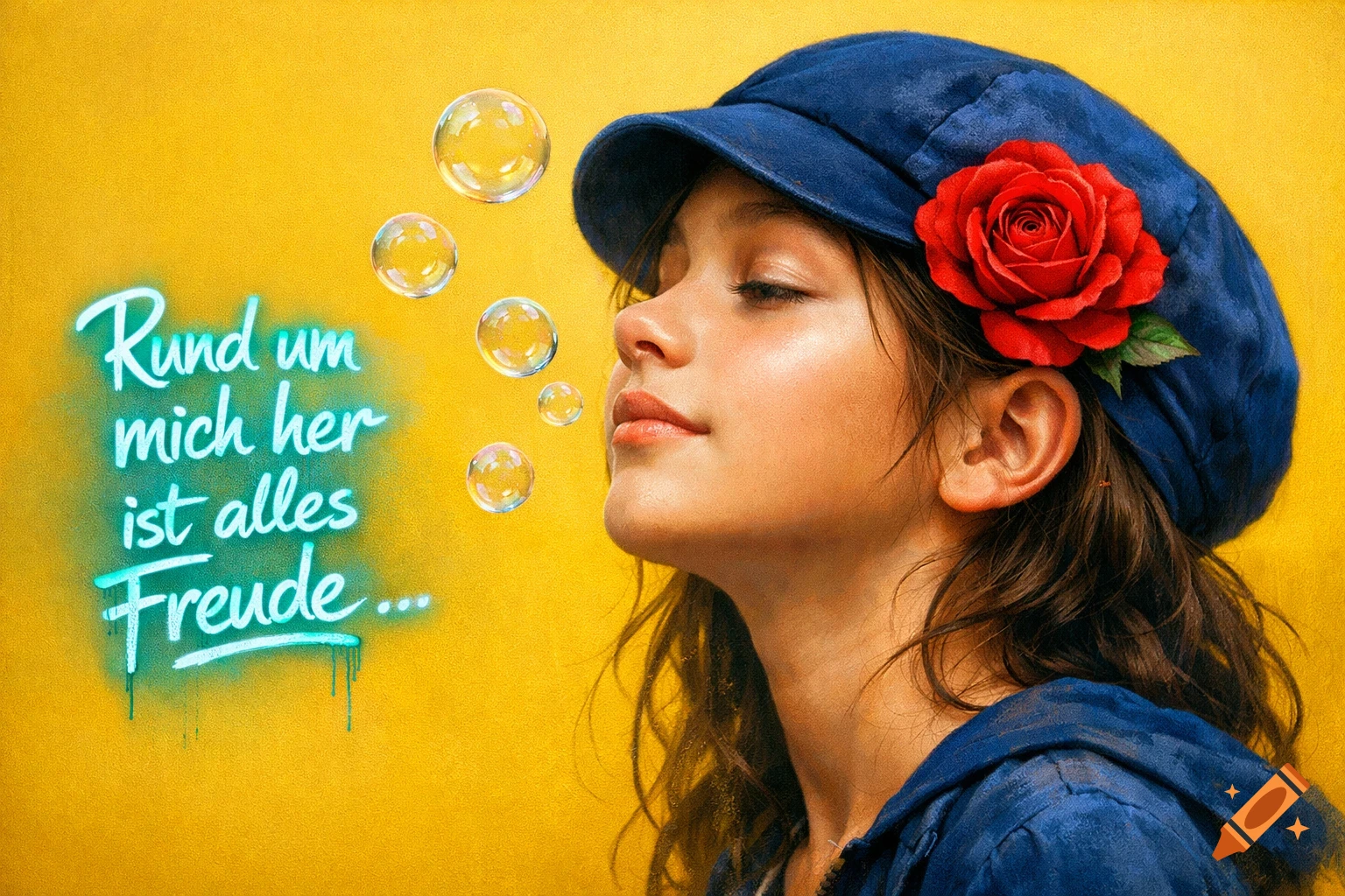 Ultra-realistic street art portrait of a young girl in a blue cap with a red rose, blowing soap bubbles on a yellow background with glowing German text.