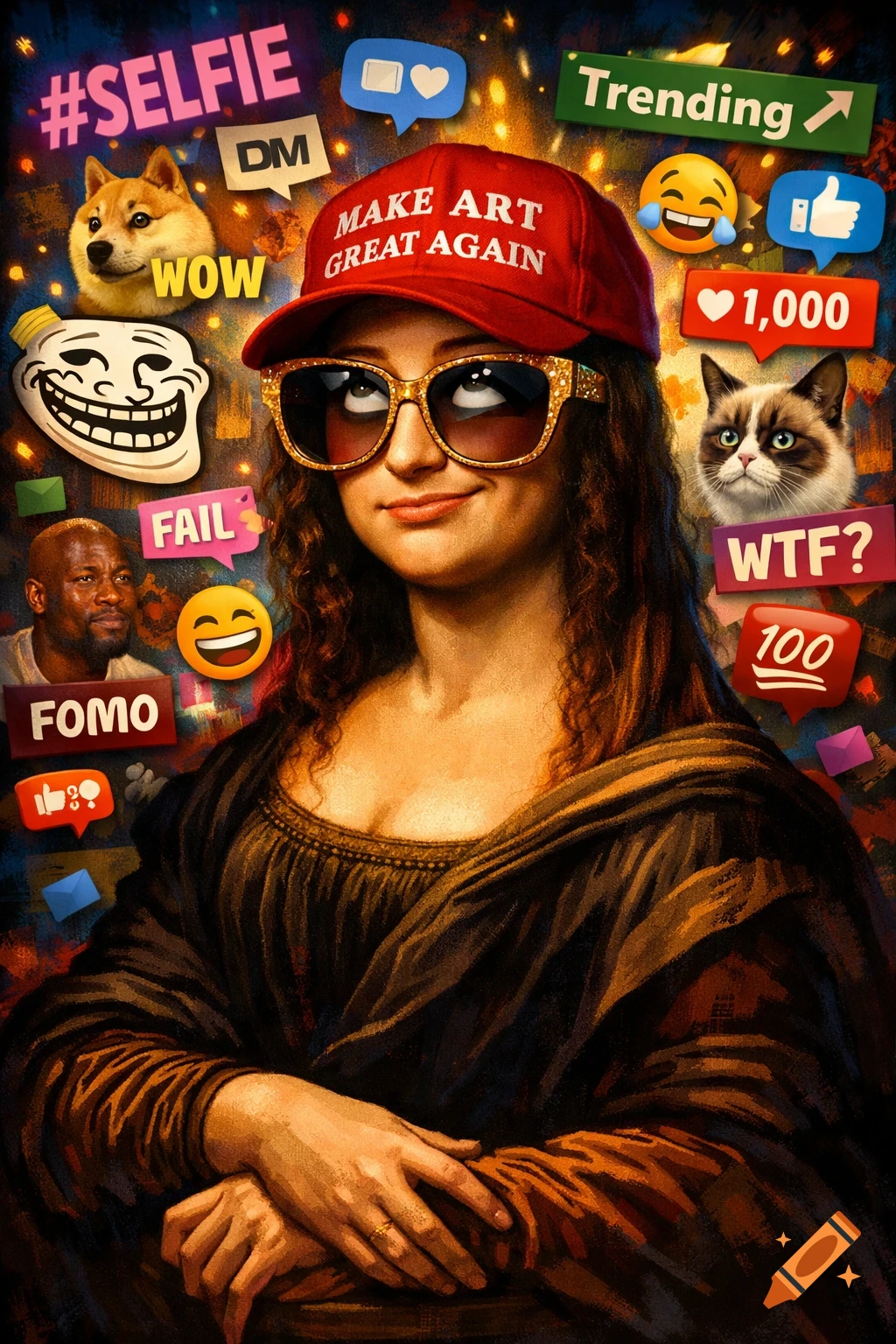 Mona Lisa in a red "MAKE ART GREAT AGAIN" hat and glittery sunglasses, surrounded by internet memes and social media icons.
