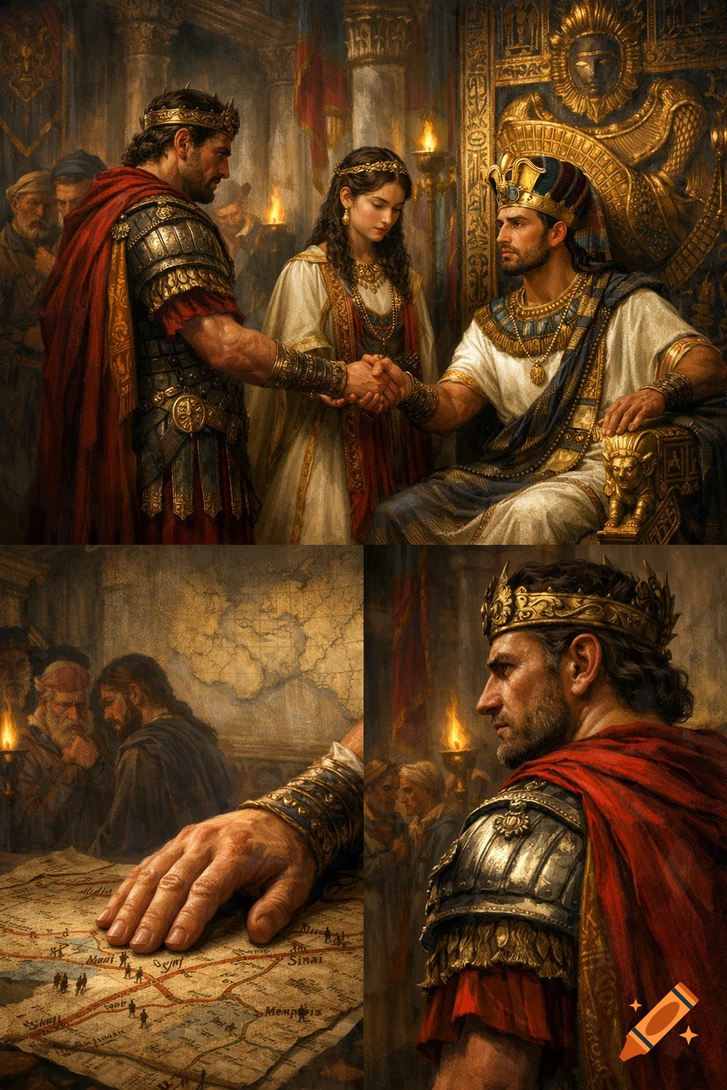 Painting of two ancient kings in a royal court. One king in armor shakes hands with another seated king, a queen between them. Another panel shows a king studying a map.