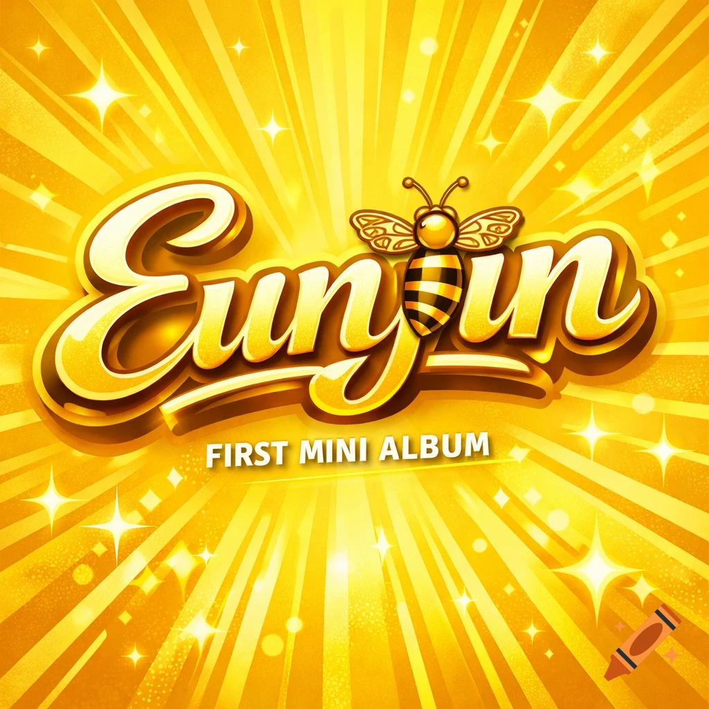 A vibrant yellow K-pop album cover for 'Eunjin' featuring a stylized bee replacing the 'I', with 'FIRST MINI ALBUM' below. The background has radiating light rays and sparkles.