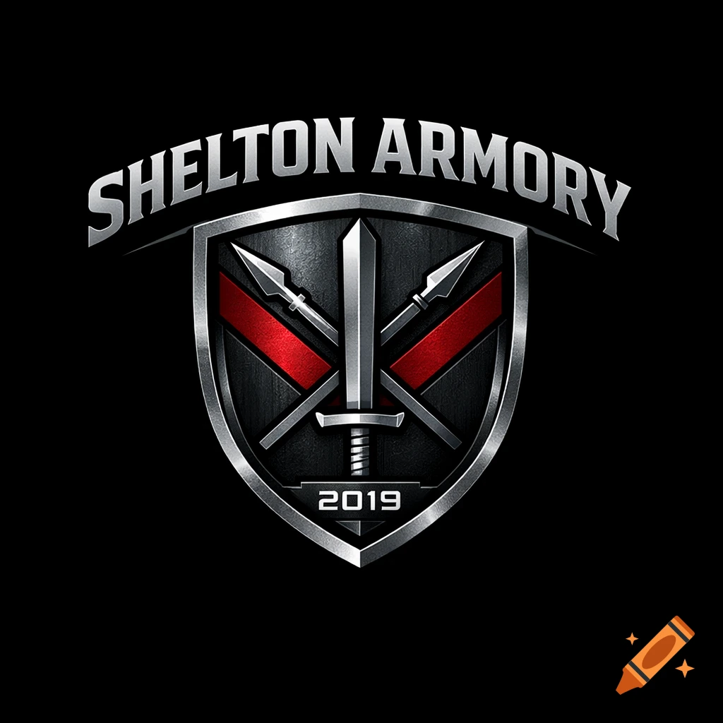 A chrome and black shield logo featuring a sword, two crossed spears, and the text 'Shelton Armory' and '2019'