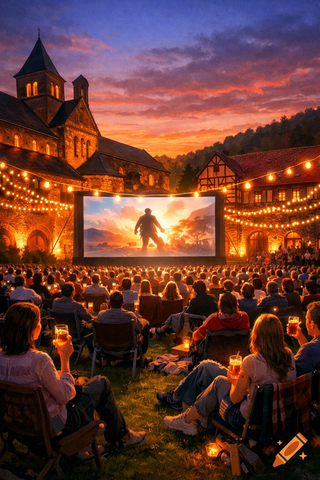 An outdoor cinema showing a film on a large screen in a monastery courtyard at sunset, with string lights overhead and a crowd watching.