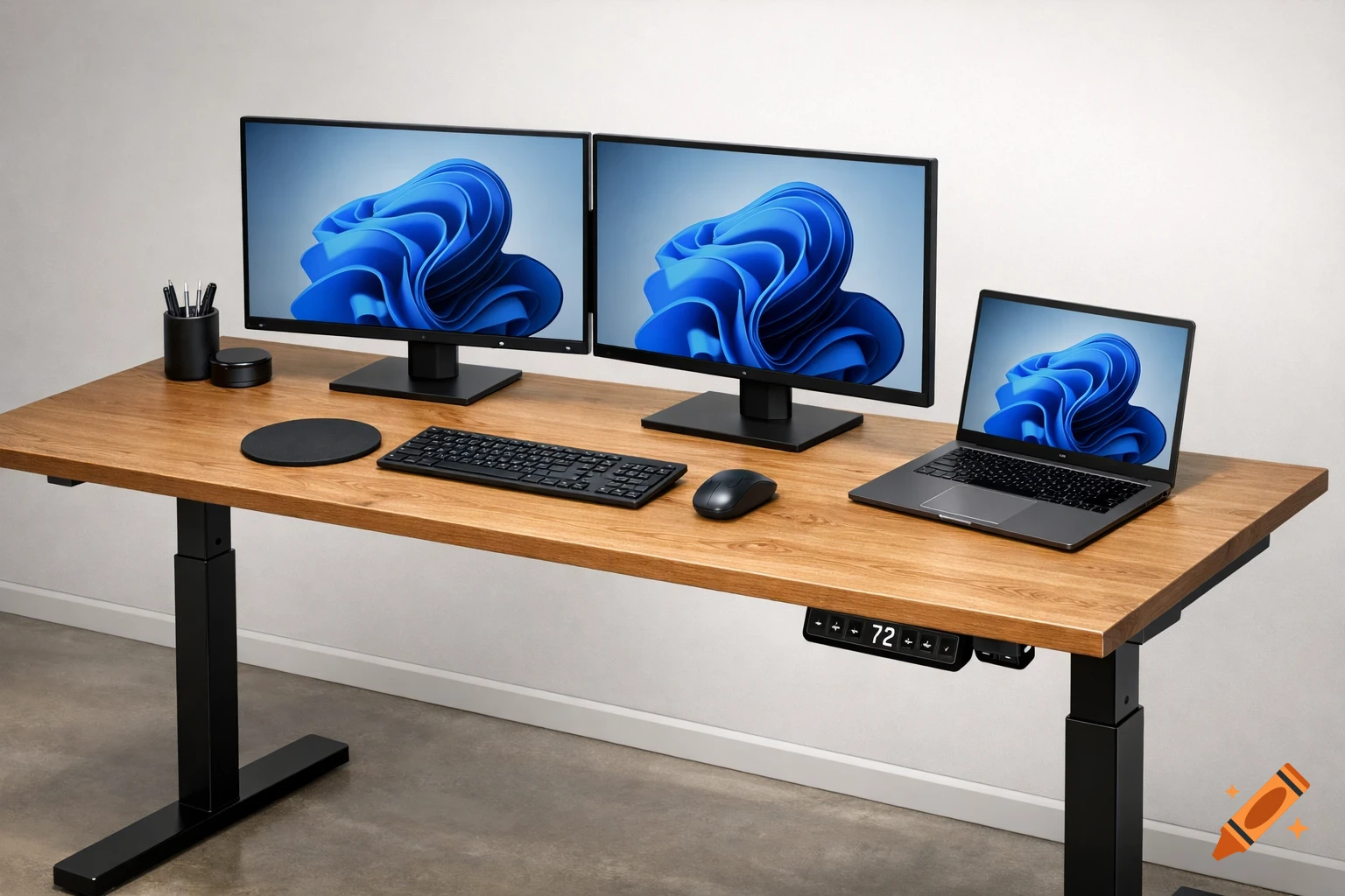 Photorealistic image of a modern wooden height-adjustable desk with two monitors, a laptop, keyboard, mouse, and a pen holder.